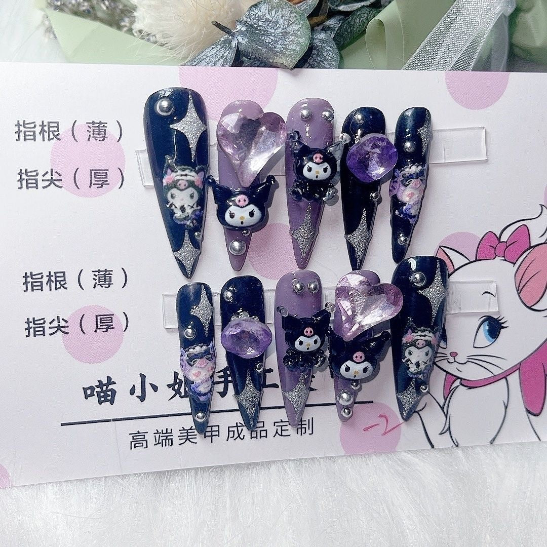 (Hand-Made Nail) Miss Meow Handmade Manicure Clow M Manicure Wear Nail Y2g Purple Black Three-Dimensional Hot Girl Cartoon Finished Patch