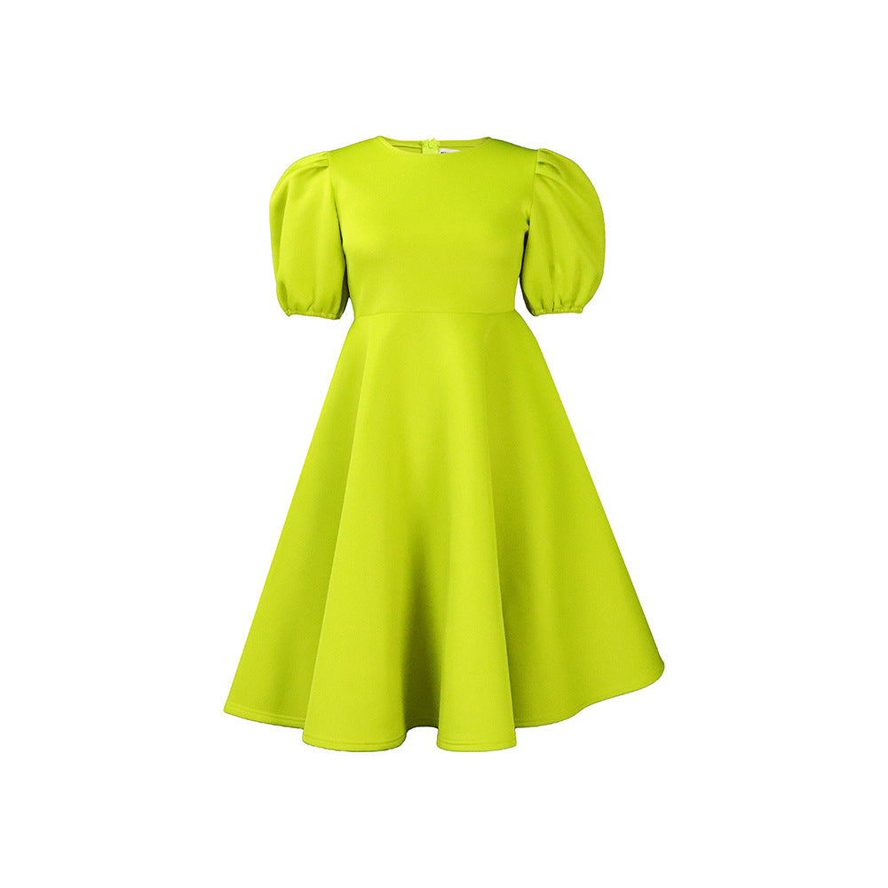 Fashion women's wear Cross-Border European and American Amazon Summer round Neck Graceful Puff Sleeve Waist-Controlled Large Hem Elegant A- line Foreign Trade Dress