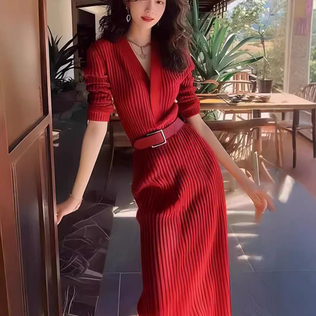 Free shipping Tattoo Korean early autumn wear Ankola red hall style waist V-neck sweater dress children 2024 new