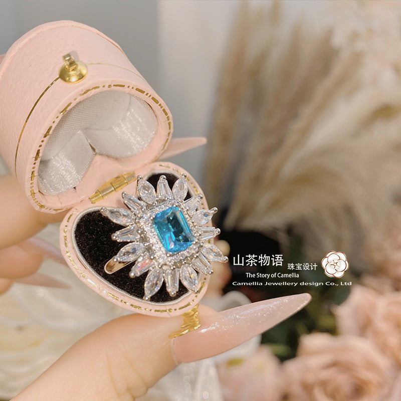 Camellia塞纳河畔浅海蓝宝石戒指女 Vintage镀金微镶锆石花梦指环