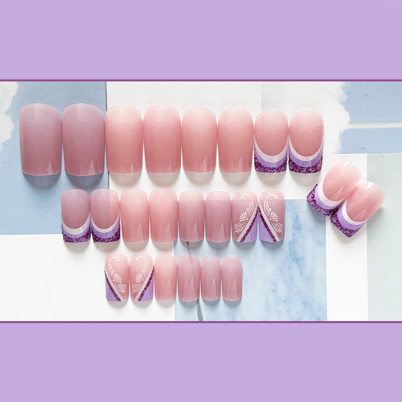 紫色法式穿戴甲花纹nails 法式跨境美甲片外贸假指甲长甲美甲贴片