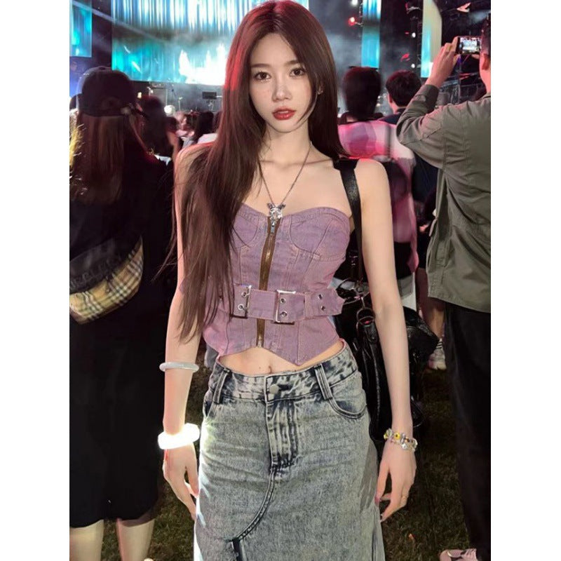Dopamine tops Free shipping Tattoo Dopamine Spice Girl retro denim tube top women's summer new niche sexy and thin outer garter top
