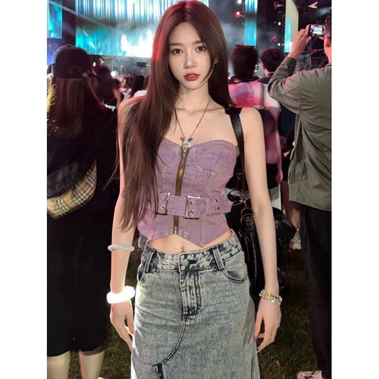 Dopamine tops Free shipping Tattoo Dopamine Spice Girl retro denim tube top women's summer new niche sexy and thin outer garter top