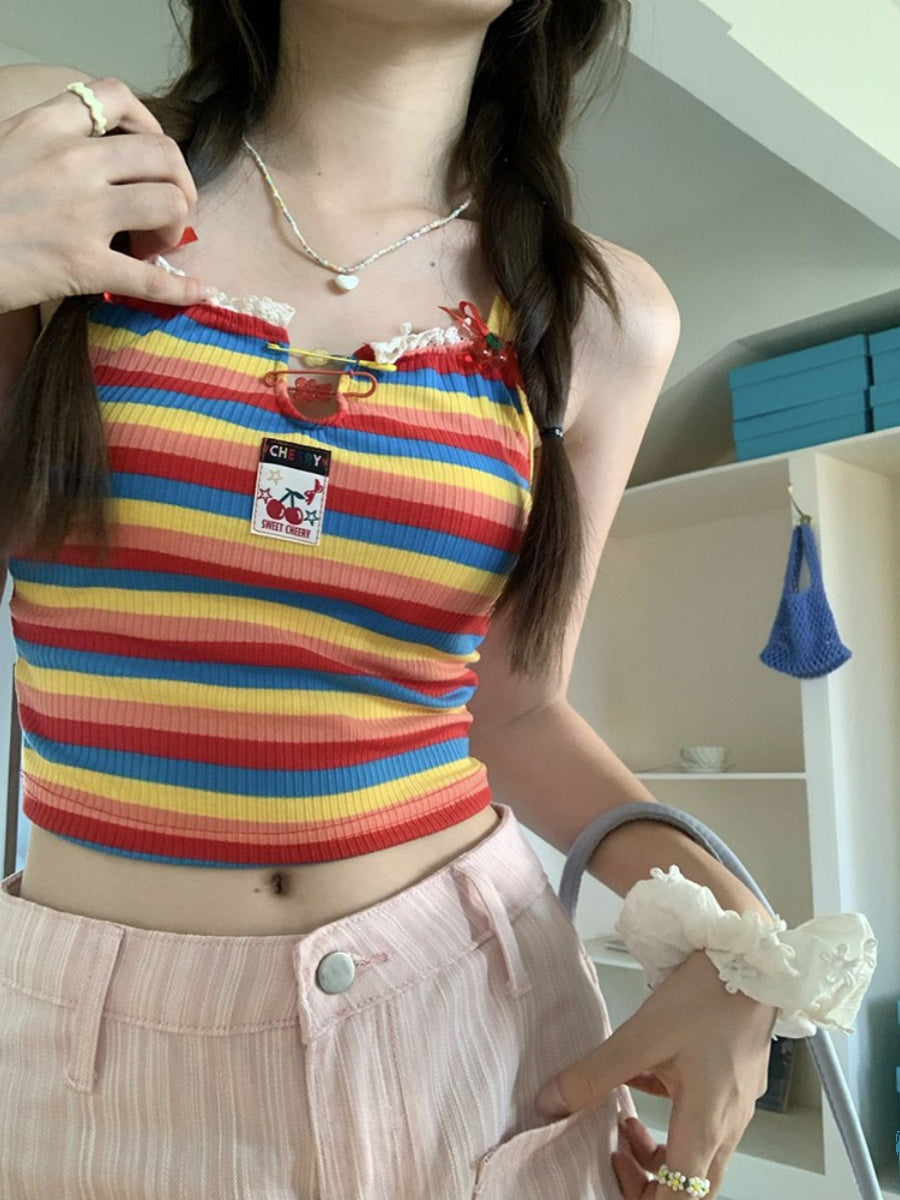 Dopamine tops Free shipping Tattoo Halter Rainbow Neck Sling Small Vest Women's Summer Strap Dopamine Wear Thai Seaside Spice Girl Top