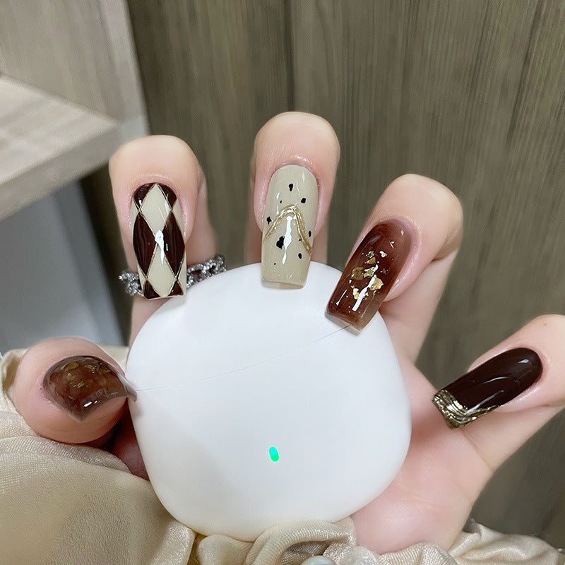 咖啡金箔穿戴甲秋冬指甲贴片菱格美甲片晕染假指甲美甲贴片成品甲