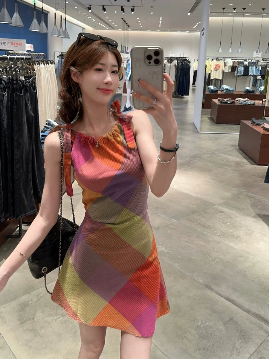 Dopamine dress Free shipping Tattoo Dopamine wears a chic neck sling skirt for women's summer 2024 new holiday style waist beautiful temperament dress
