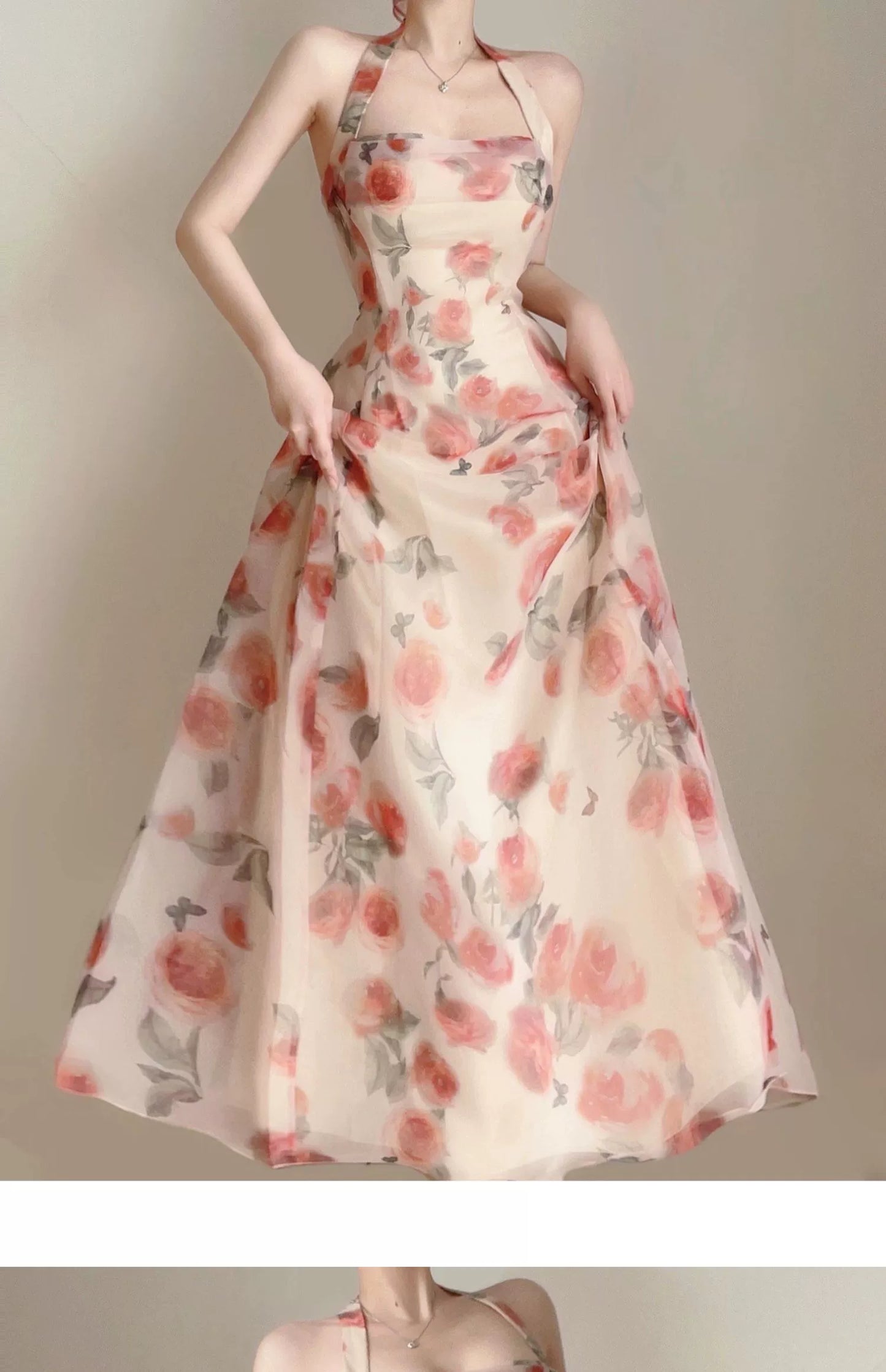 Fashion women's wear Tea Break French Style Backless Halter Suspenders Floral Dress Women's Early Spring Elegant High-Grade Dress