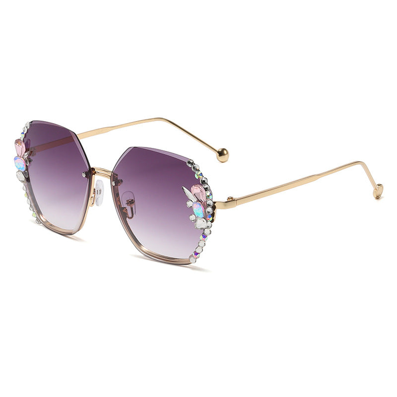 Women's fashion glasses 2024 跨境大框水钻太阳镜无框防晒防紫外线墨镜个性女大脸显瘦带钻