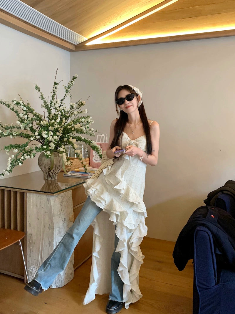 Fashion women's wear Tea Break French Irregular Ruffled Floral Strap Dress Women's Summer High-Grade Sense Beautiful Seaside Vacation Dress