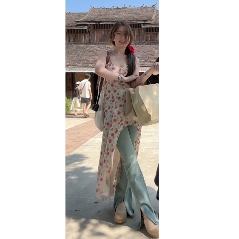 Fashion women's wear Summer High-Grade Floral Strap Dress Women's Dress Women's Dress 2024 Summer New Irregular Long Dress Spring and Summer