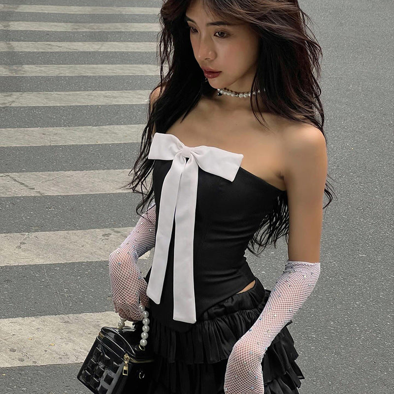 Fashion women's wear Q23tp722  Hot Girl Contrast Color Bow Three-Dimensional Decoration Fishbone Tube Top Women's All-Match Date New