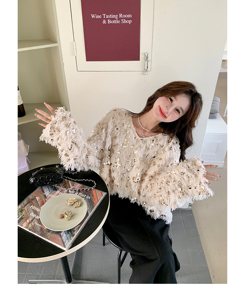 Fashion women's wear Real Shot Shiny Annual Meeting Festival Atmosphere Handmade Sequined Feather V-neck Sweater Spring Inner Wear Sweet Dress