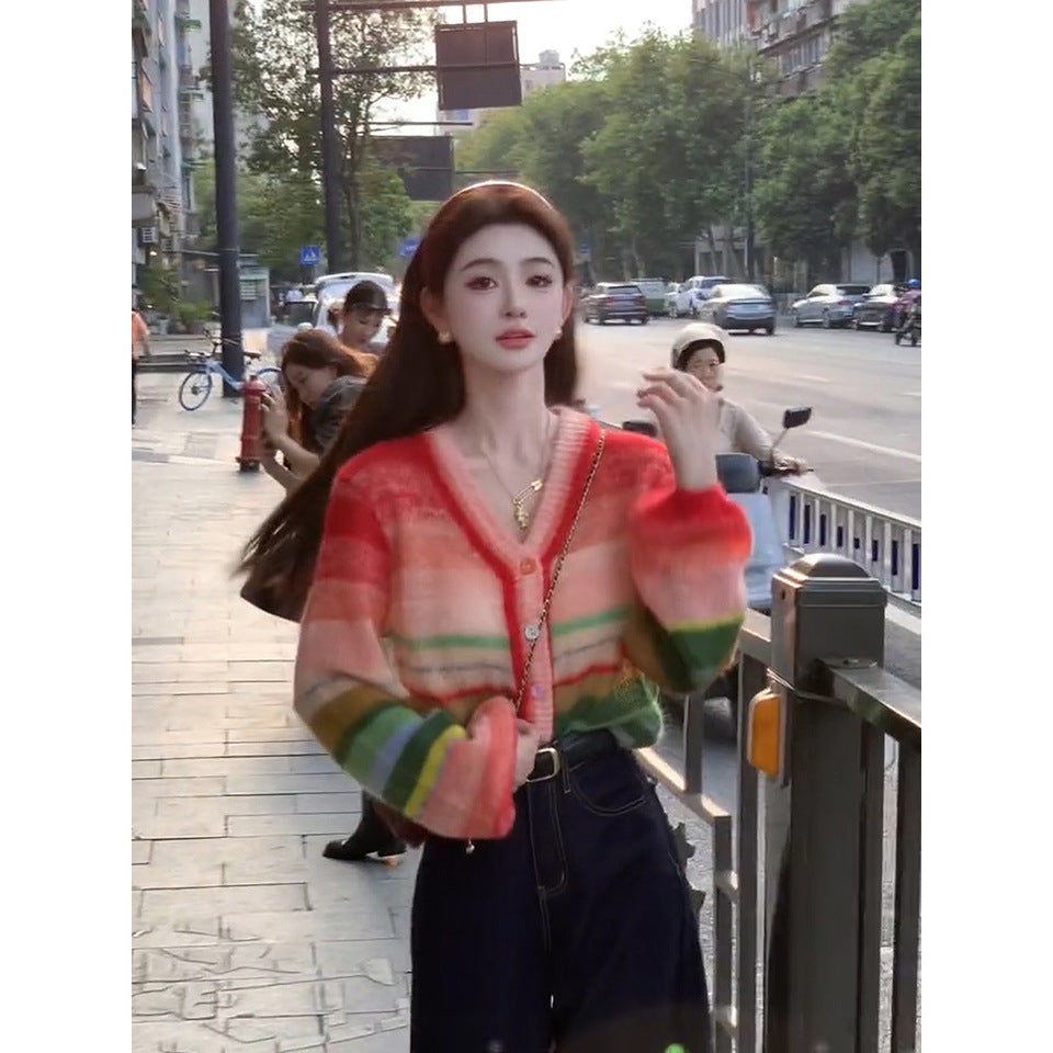 Dopamine tops Free shipping Tattoo Cross-border dopamine rainbow contrasting stripes knitted cardigan women's autumn new lazy age-reducing loose and sweet sweater