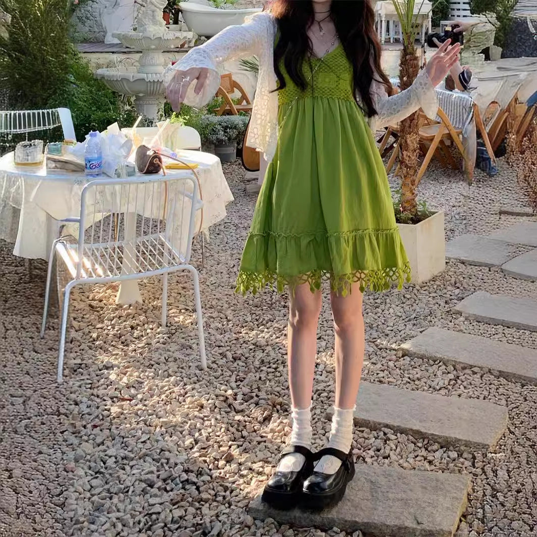 Dopamine dress Free shipping Tattoo Avocado green knitted hollow fringed suspender dress women's summer seaside vacation wind summer dopamine skirt