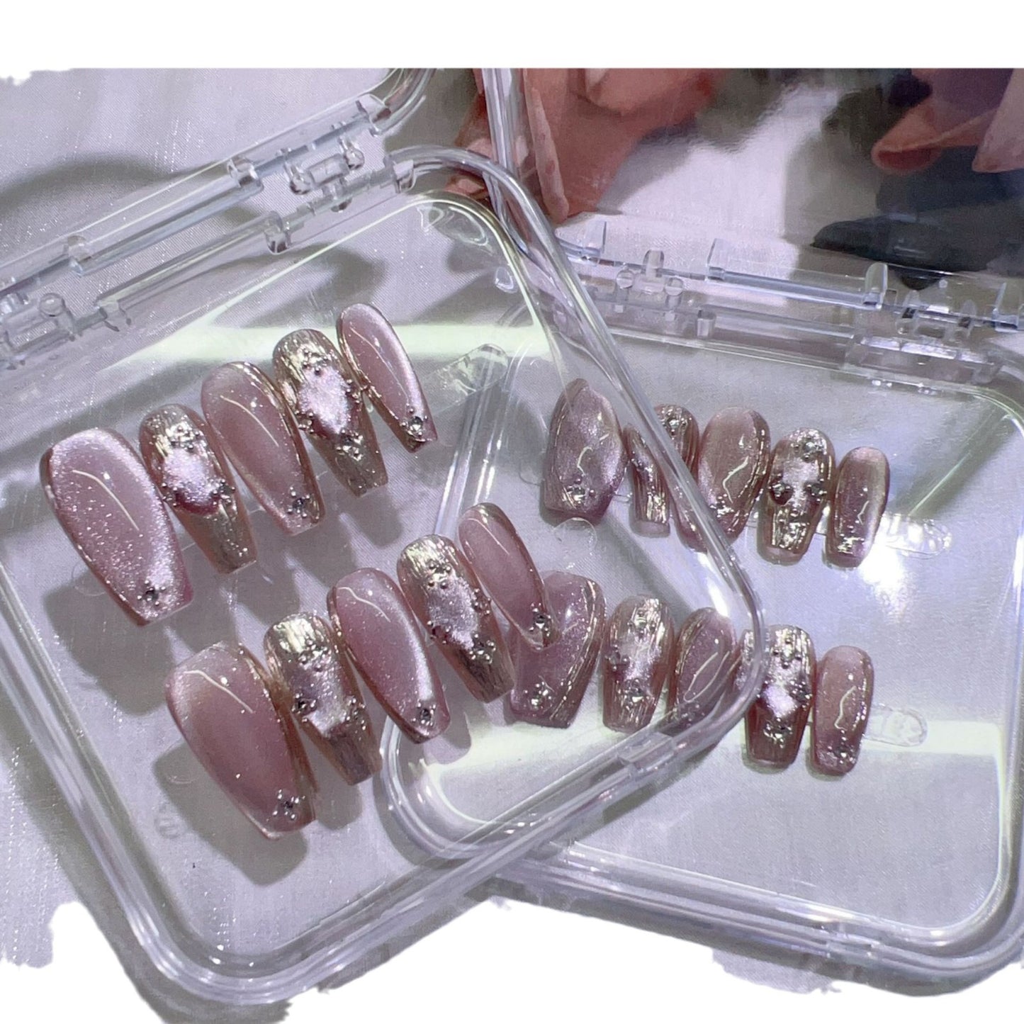 (Hand-Made Nail) Water-Light Yarn Cat Eye Handmade Wear Nail Stickers Pink Cat Eye White Short Medium Hardware Girl Light Luxury Advanced