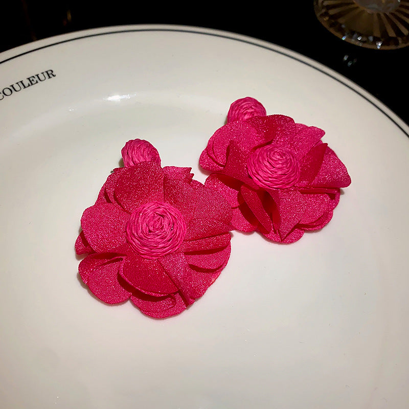 银针布艺花朵编织绳耳环甜美夸张设计感耳钉超仙气质百搭耳饰批发