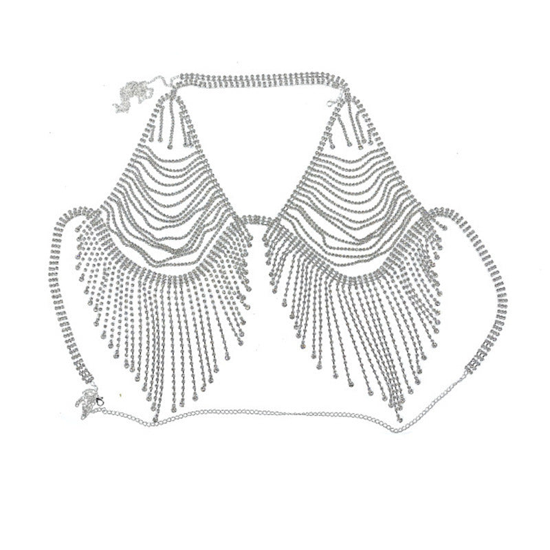 Fashion jewelry, cross-border accessories from Europe and America, sexy rhinestones, tassels, geometric body chains, beach spicy girls, sweet and cool bikini chest chains, nightclubs