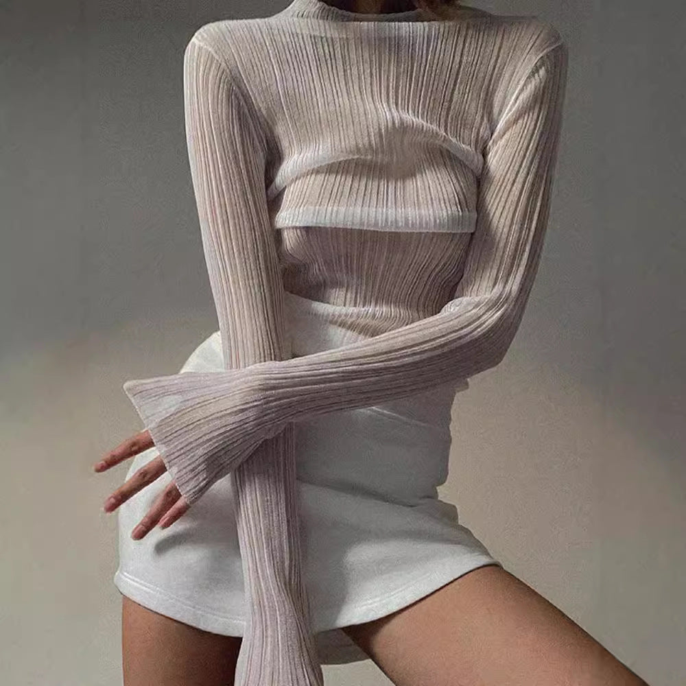 Free shipping  new women's clothing long-sleeved mesh see-through T-shirt women's solid color turtleneck slim-fit top tops