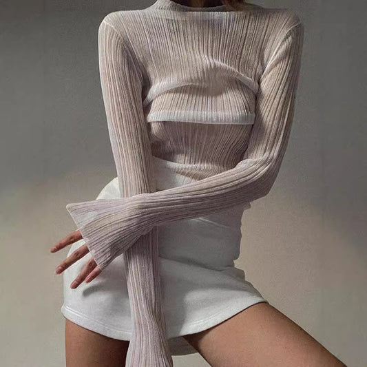 Free shipping  new women's clothing long-sleeved mesh see-through T-shirt women's solid color turtleneck slim-fit top tops