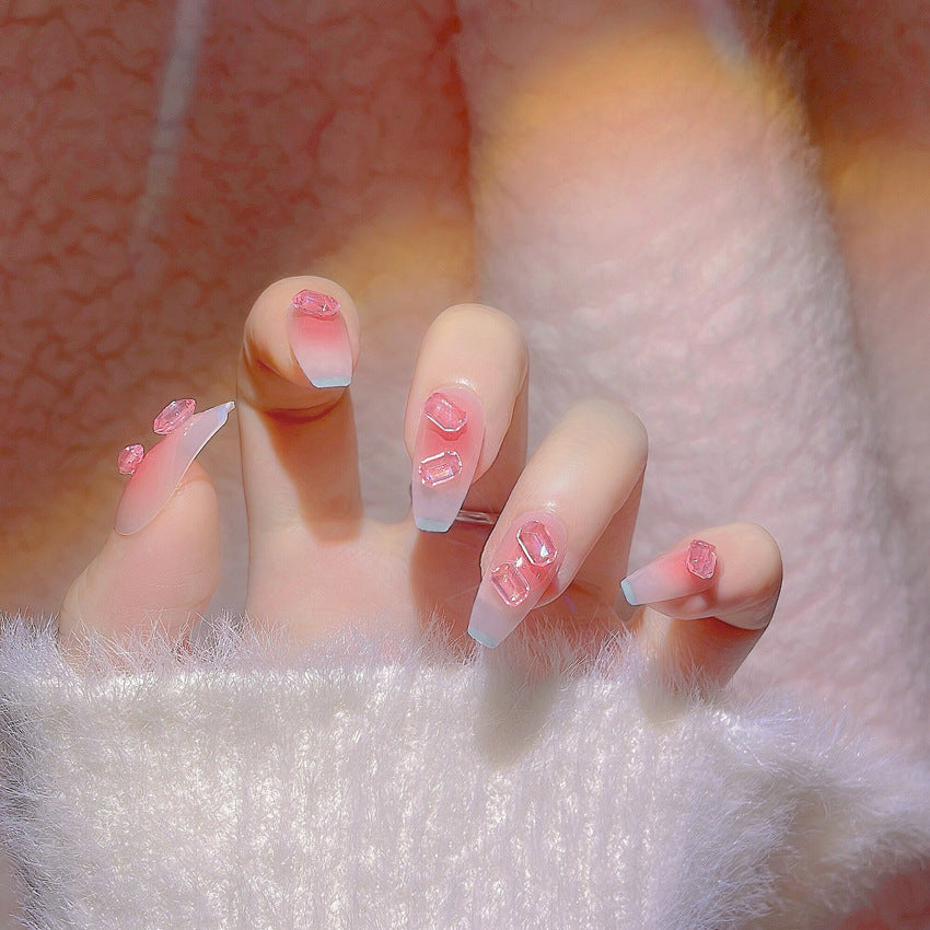 Fashion  nail Hot Rock Candy Cube Diamond Manicure Fake Nails Fairy Sweet Short Blush Square Diamond Wear Manicure Y53