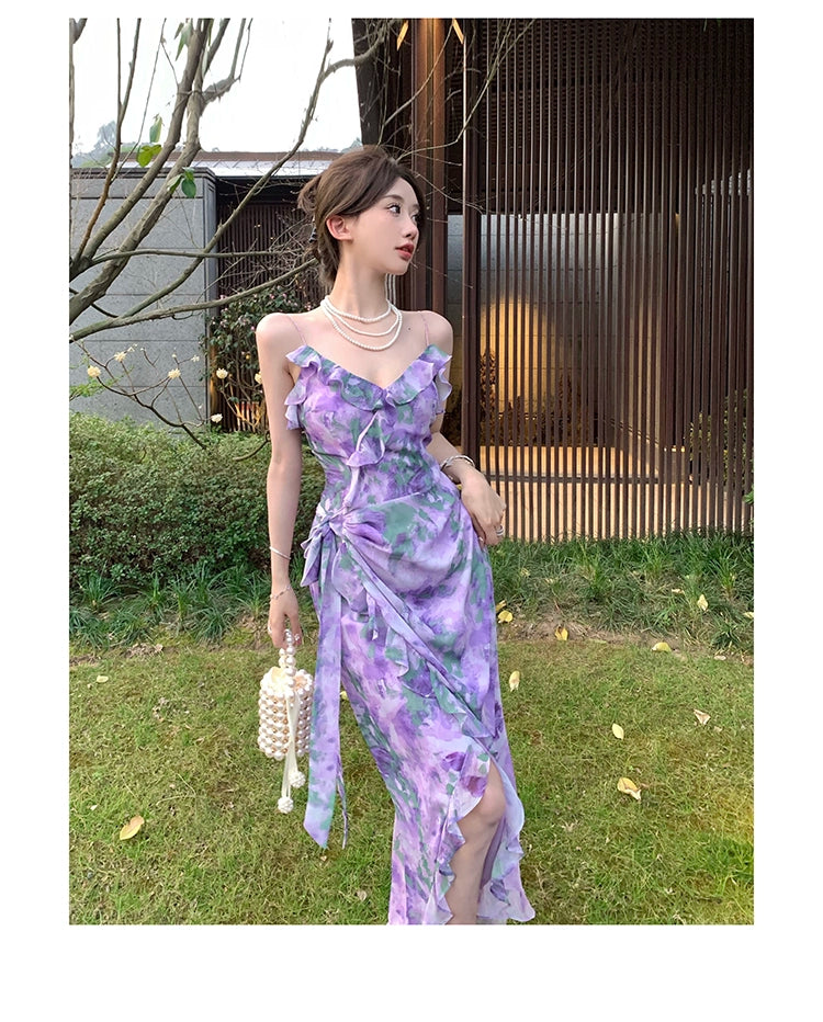 Fashion women's wear Purple Retro Irregular Yunnan Wear Travel Chiffon Floral Strap Dress Seaside Beach Skirt Summer