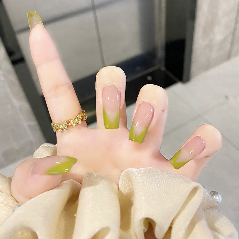嫩芽绿v字法式牛油果穿戴甲指甲贴片美甲片假指甲美甲贴成品甲片