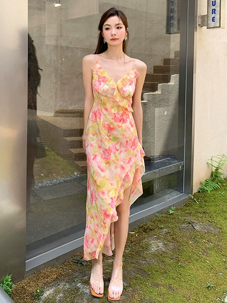 Fashion women's wear French Fairy Floral Strap Dress Women's Small Pure Sexy Beautiful Seaside Vacation Beach Short Skirt