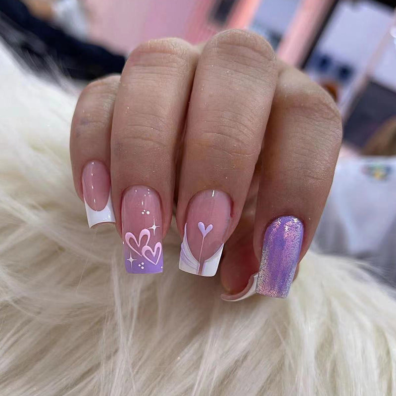 紫闪爱心穿戴甲长方nails 爆闪跨境美甲片外贸假指甲长甲美甲贴片