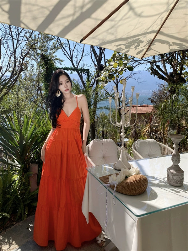 Fashion women's wear Yunnan Travel Photography Fairy Dress Orange Deep V-neck Backless Sling Dress Sanya Seaside Beach Skirt Female