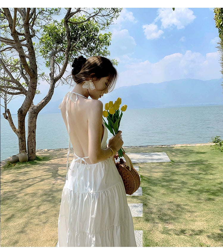 Fashion women's wear Yunnan Travel Photography Fairy Dress Orange Deep V-neck Backless Sling Dress Sanya Seaside Beach Skirt Female