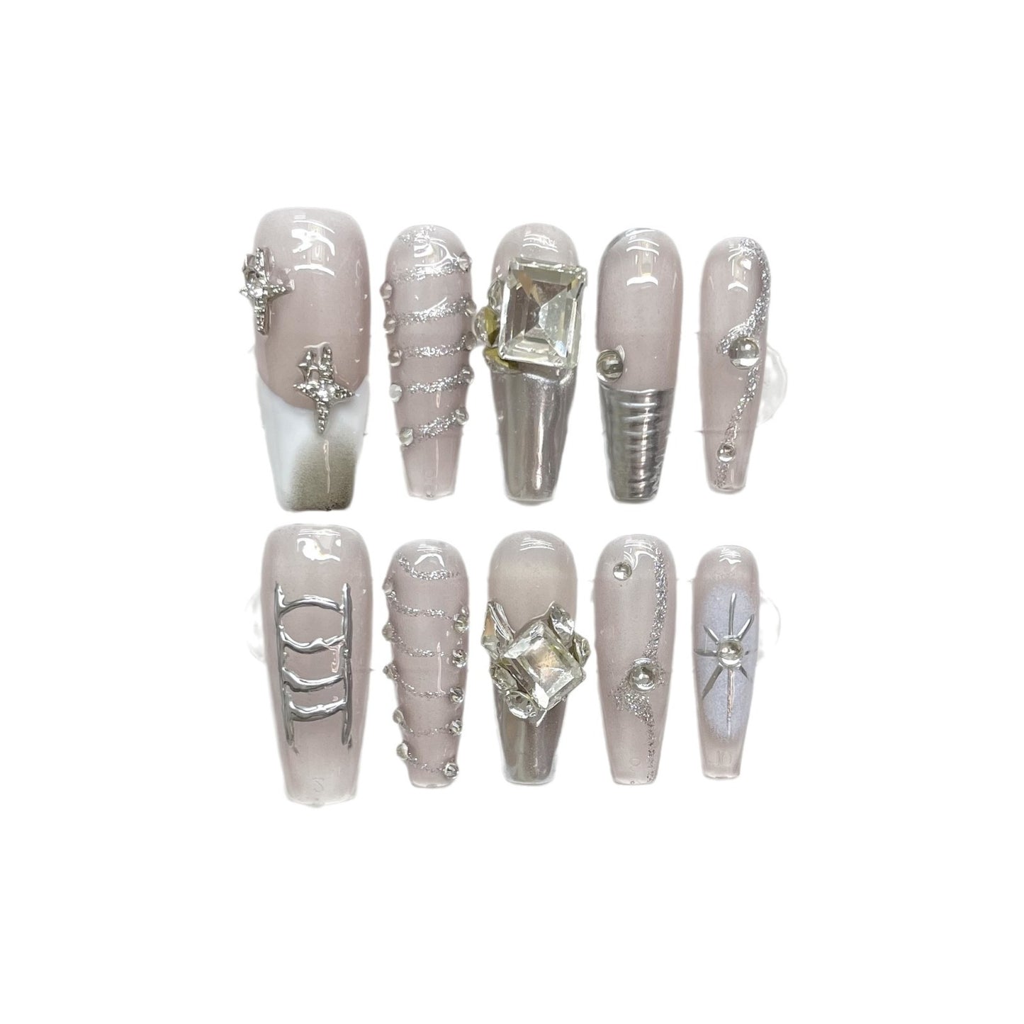 Hand-Made Nail Wear Nail Fake Nail Patch Niche Personality High-Tech Ice Transparent Rhinestone Magic Mirror Four Eight-Pointed Stars Finished Product
