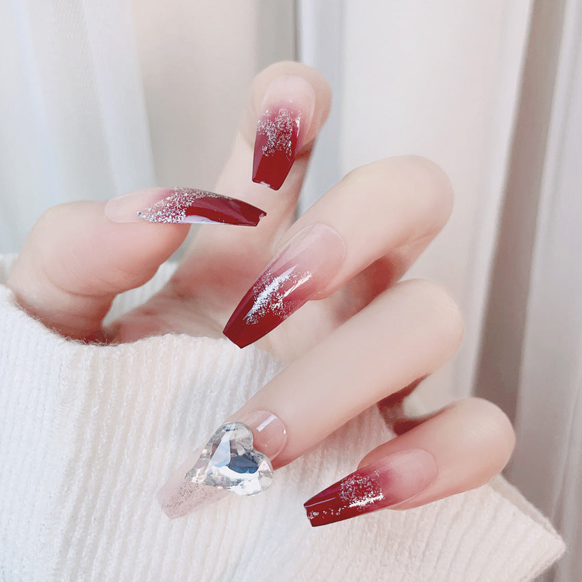 Fashion  nail New Wine Red Rhinestone Pure Want to Wear Nail Beauty Love Fake Nail Patch Detachable Wear Nail Wholesale X98