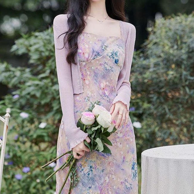 Dopamine dress Free shipping Tattoo S summer dopamine a whole set of gentle purple suit French sweet suspender dress floral long dress