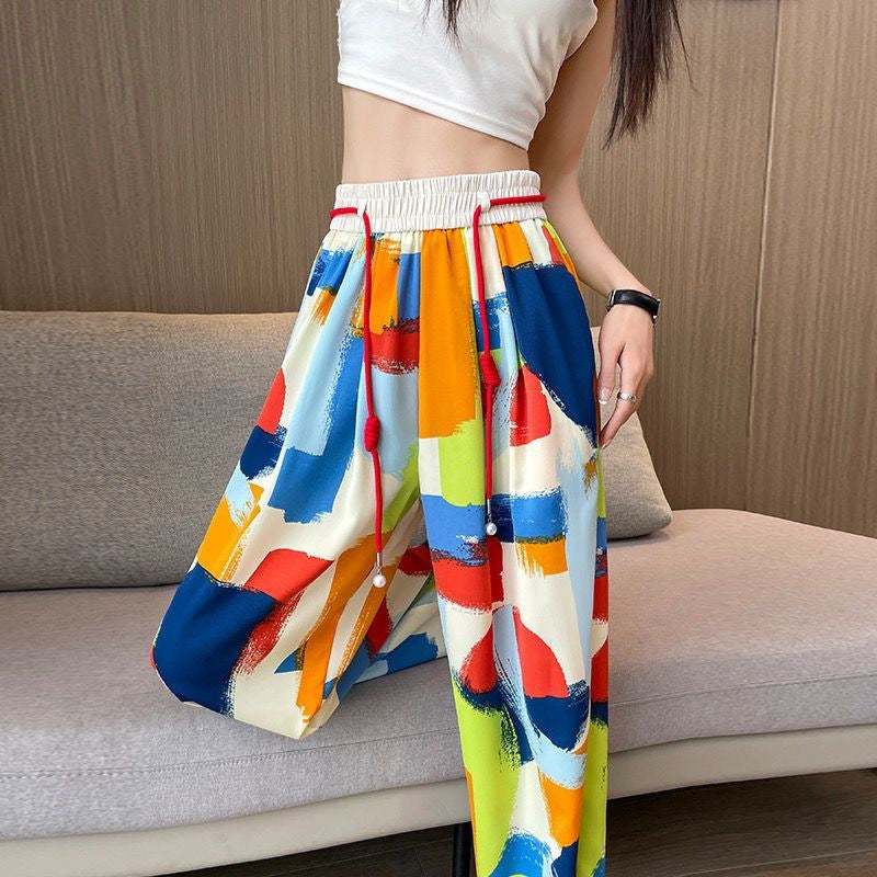 Free shipping  tie-dye wide-leg pants women's 2023 summer thin colorful dopamine drape thin straight casual pants tide