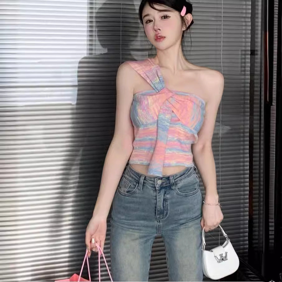 Dopamine tops Free shipping Tattoo Dopamine Color Striped Irregular Suspender Vest Women's Summer Outside Pure Desire Sweet Spice Girl Tube Top Bottom Top