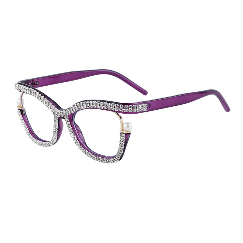 Women's fashion glasses 欧美新款个性镶钻平光眼镜框女时尚猫眼可配近视眼镜架女跨境批发