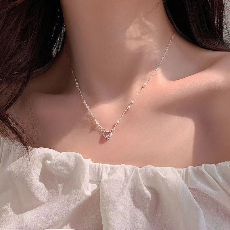 珍珠立体爱心项链ins轻奢小众高级设计感锁骨链甜美少女项饰批发