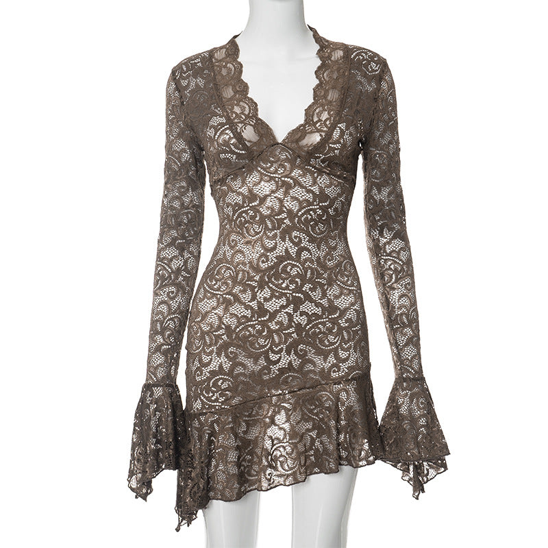 Fashion women's wear Q23ds591  Cross Border Solid Color Lace Hollow out Low Collar Long Sleeves Hip Skirt Women's Sexy Slim Autumn New