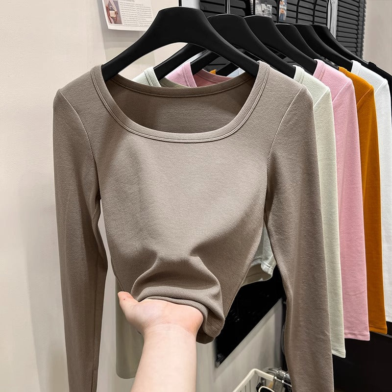 Dopamine tops Free shipping Tattoo Dopamine Wear Pumpkin Orange Shoulder Long Sleeve T-Shirt Women's Early Autumn Spice Girl Slim Short Square Neck Bottom Shirt Top