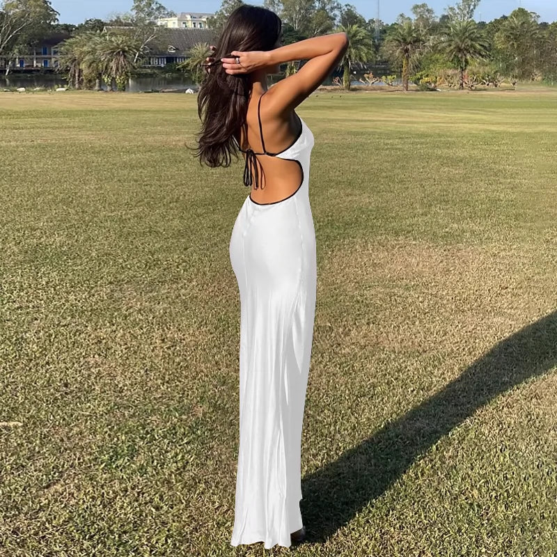 Fashion women's wear High-Grade Solid Color Satin Sling Dress Special-Interest Design French Style Temperament Hot Girl Seaside Vacation Slim Fit Long Dress