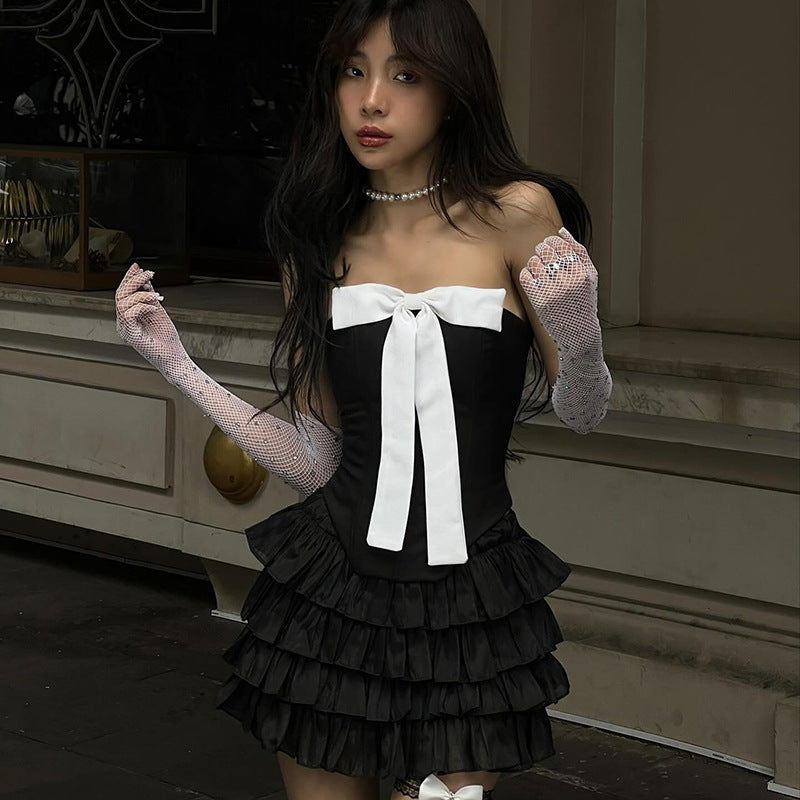 Fashion women's wear Q23tp722  Hot Girl Contrast Color Bow Three-Dimensional Decoration Fishbone Tube Top Women's All-Match Date New