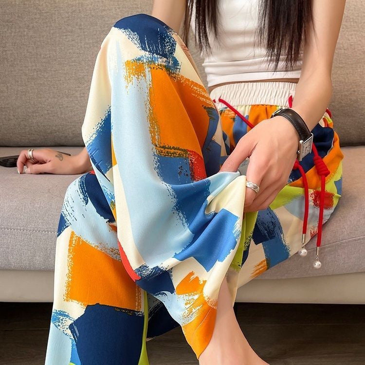 Free shipping  tie-dye wide-leg pants women's 2023 summer thin colorful dopamine drape thin straight casual pants tide