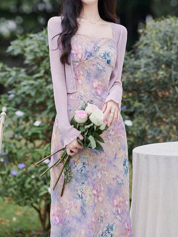 Dopamine dress Free shipping Tattoo S summer dopamine a whole set of gentle purple suit French sweet suspender dress floral long dress