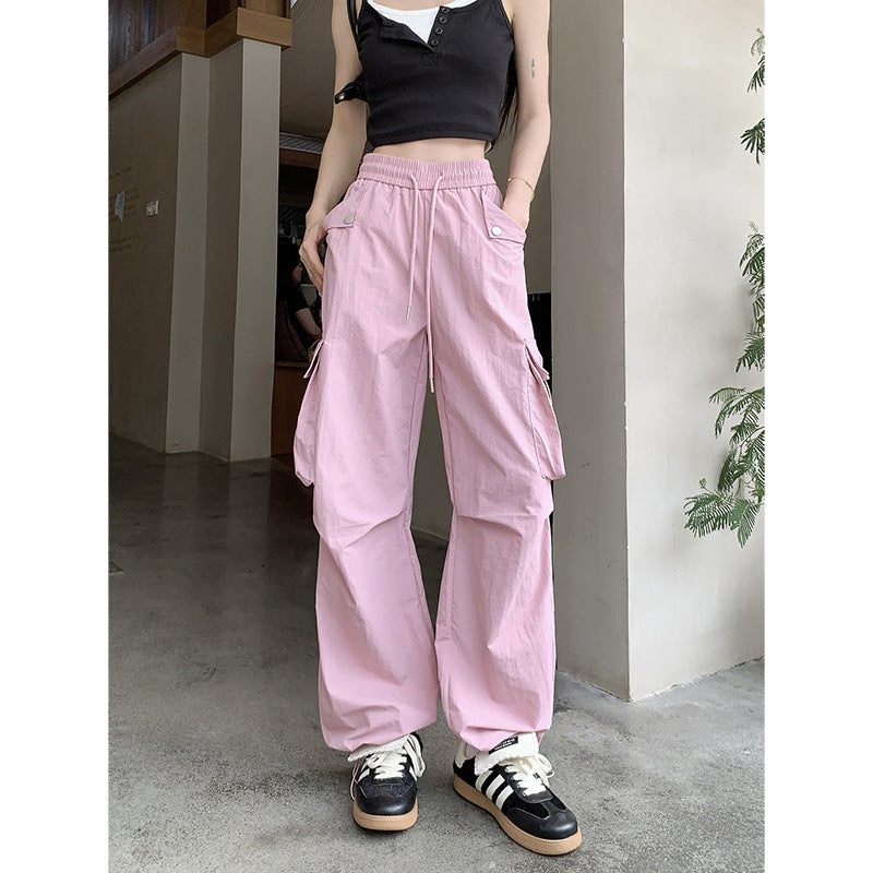 Dopamine pants Free shipping Tattoo Dopamine blue overalls women's summer American drawstring elastic waist casual pants sports tied feet wide-leg trousers