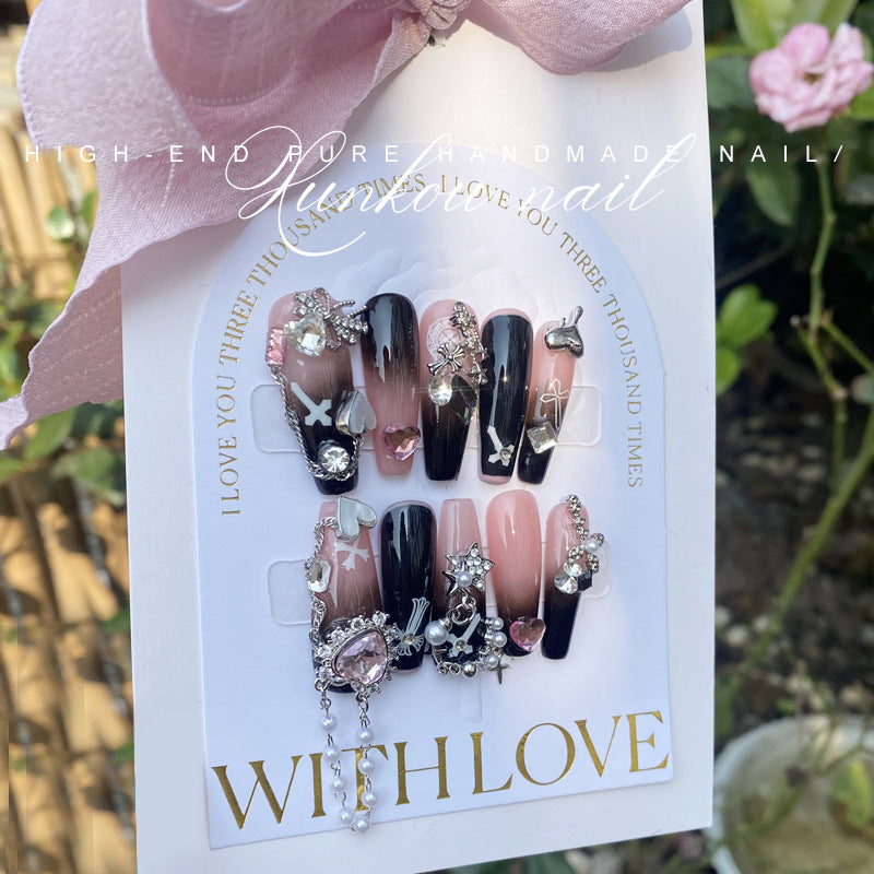 (Hand-Made Nail) Handmade Wear Nail Factory Straight Hair Sweet Hot Girl Ice through Pink Black Gradient Coloring Flash Heart Cool
