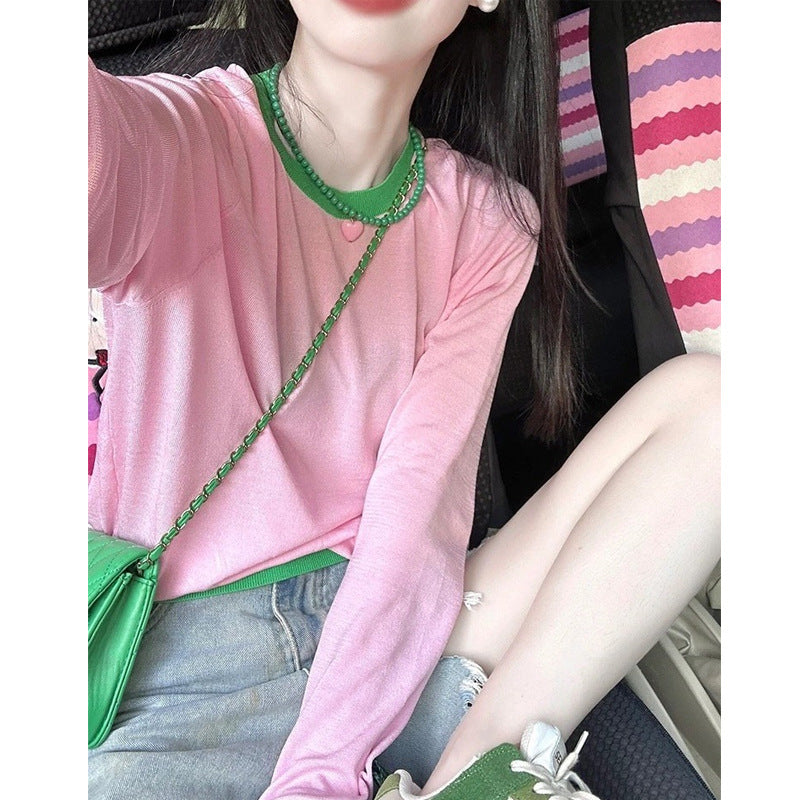 Dopamine tops Free shipping Tattoo Dopamine pink ice silk knitted sunscreen air-conditioning blouse women's summer thin breathable temperament shawl top