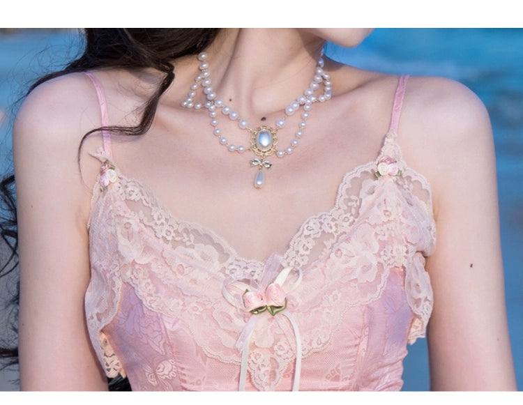 Fashion women's wear French Fried Street Tea Break Milk Sweet Escape Princess Dress Sweet Salt Pink Roses Pure Desire Beautiful Sling Dress