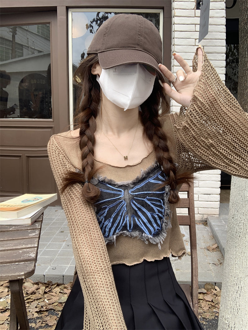 Dopamine tops Free shipping Tattoo Blue short top women's summer sweet and spicy tulle sunscreen blouse backing autumn wear dopamine music festival long-sleeved T-shirt