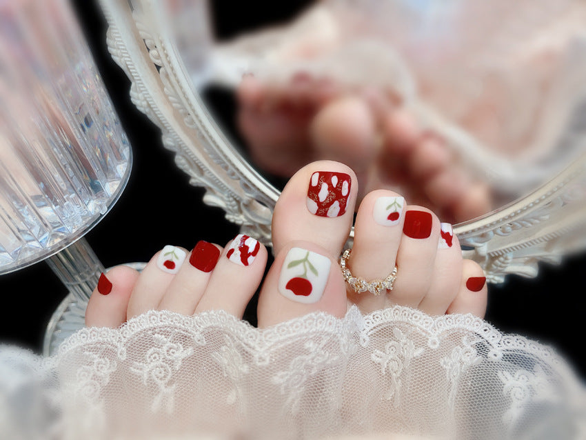 Fashion  nail New Fresh Manicure Wear Nail Ins Wine Red Small Flower Nail Patch Toenail Toenail Manicure J4