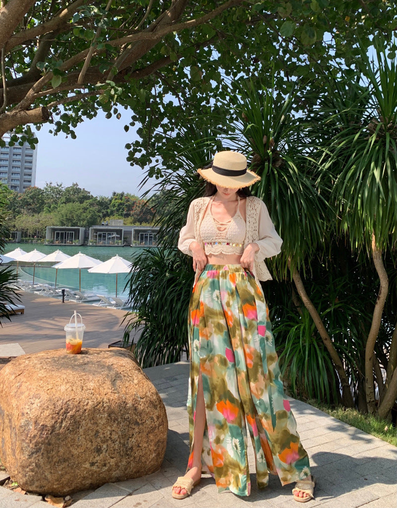 Dopamine pants Free shipping Tattoo Dopamine floral wide-leg pants seaside wear with flower pants summer women's high-waisted trousers bohemian culottes beach pants